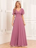 Women's Elegant V Neck Short Sleeve Shiny Bright A-Line Chiffon Party Dress