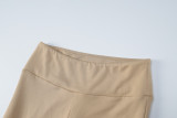 Conjunto de dos piezas con top corto plisado de manga larga con cuello en U y pantalones acampanados con levantamiento de glúteos de otoño