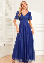 Women's Elegant V Neck Short Sleeve Shiny Bright A-Line Chiffon Party Dress