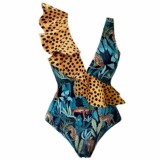 Conjunto de dos piezas con falda de traje de baño de una pieza con estampado de leopardo sexy con cuello en V y volantes para mujer