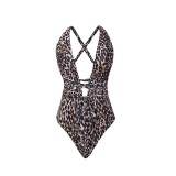 Leopard Print Sexy Deep V Neck One-Piece Swimsuit Mesh Skirt For Women