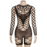 Sexy doorschijnende mesh-jumpsuit met hoge taille en lange mouwen, strak aansluitend
