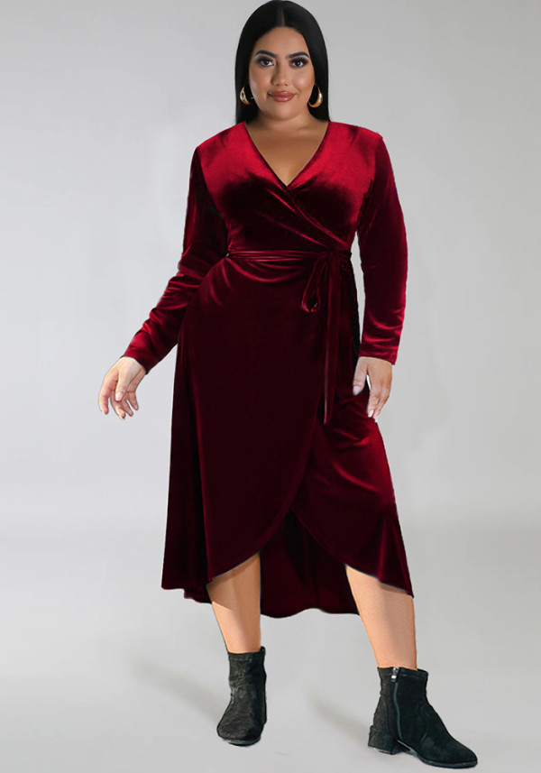 Autumn And Winter Plus Size Women's Solid Color Velvet V-Neck Slit Long Dress