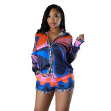 Women's Autumn Style Printed Long Sleeve Shirt And Shorts Two-Piece Set