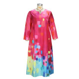 Primavera e outono feminino impresso moda chique com decote em v solto vestido de mangas compridas
