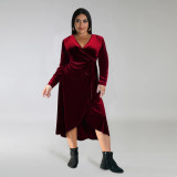 Herbst und Winter Plus Size Damen einfarbiges Samtkleid mit V-Ausschnitt und Schlitz