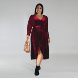 Autumn And Winter Plus Size Women's Solid Color Velvet V-Neck Slit Long Dress