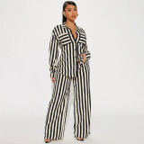 Women's Two Piece Fashion Casual Striped Button-Up Shirt Pants Two Piece Set