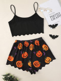 Conjunto de pijamas con estampado de letras de Halloween, top con estampado de calabaza, pantalones cortos, ropa para el hogar