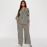 Women's Two Piece Fashion Casual Striped Button-Up Shirt Pants Two Piece Set