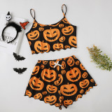 Halloween Funny Pumpkin Print Straps Top And Shorts Loungewear Pajamas Set