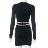 Women's Autumn Solid Color Casual Long Sleeve Zipper Round Neck Slim Fit Letter Short Dress