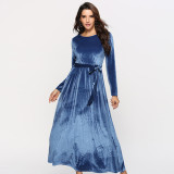Women's Dress Solid Color Round Neck High Waist Strapped Velvet Long Dress