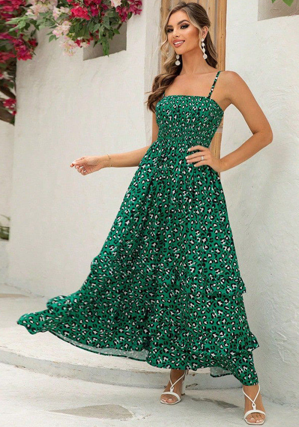 Summer Women's Sexy Floral Printed Strap A-Line Long Dress