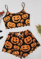 Halloween-Pyjama-Set mit lustigem Kürbis-Print, Trägern, Oberteil und Shorts, Loungewear
