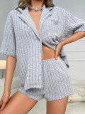 Traje de pijama de moda acanalado de manga corta con cuello vuelto ropa de dormir conjunto de pantalones cortos de dos piezas conjunto de ropa para el hogar