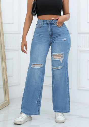 Kadın Düz Paça Jeans Chic Yıkanmış Yırtık Geniş Paça Denim Pantolon