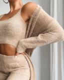 Sexy Solid Fleece Short Vest Trousers Voat Three-Piece Set For Women