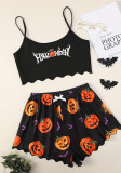 Conjunto de pijamas con estampado de letras de Halloween, top con estampado de calabaza, pantalones cortos, ropa para el hogar