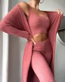 Sexy Solid Fleece Short Vest Trousers Voat Three-Piece Set For Women