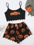 Halloween Pumpkin Print Camisole Top Shorts Lounge Wear Pajama Set