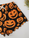 Halloween Funny Pumpkin Print Straps Top And Shorts Loungewear Pajamas Set