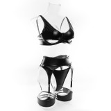 Sexy Hollow Leather Erotic Three-Piece Lingerie Set