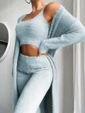 Sexy Solid Fleece Short Vest Trousers Voat Three-Piece Set For Women