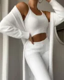 Sexy Solid Fleece Short Vest Trousers Voat Three-Piece Set For Women