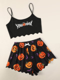 Halloween Letter Printed Camisole Top Pumpkin Printed Shorts Home Clothes Pajamas Set