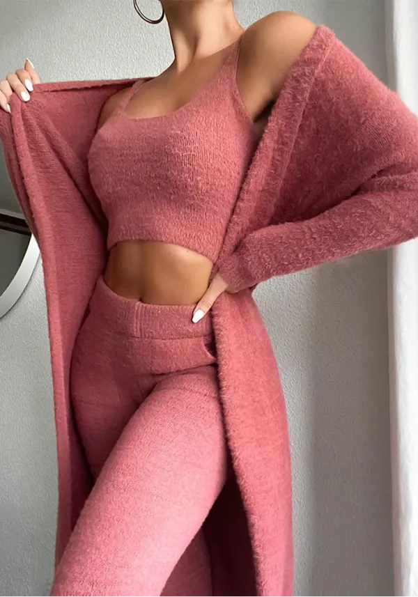 Sexy Solid Fleece Short Vest Trousers Voat Three-Piece Set For Women