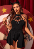 Black Sexy One-Piece Jumpsuit And Mesh Cape Jacket Cosplay Halloween Performance Costumes Four Pieces