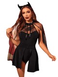 Black Sexy One-Piece Jumpsuit And Mesh Cape Jacket Cosplay Halloween Performance Costumes Four Pieces
