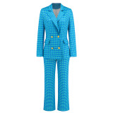 Women autumn and winter houndstooth double-breasted Blazer+ straight trousers two-piece set