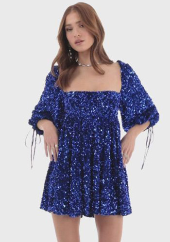 Plus Size Women Sequin Summer Casual Round Neck Short Sleeve Solid Dress