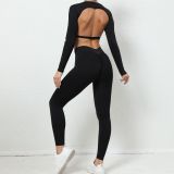 Women Backless Long Sleeve Top and Yoga Pants Quick-Drying Sports Two-piece Set