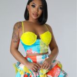 Women sexy printed beaded suspenders Strapless Top and Mini Skirt two-piece set