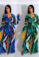 Women Casual Printed Lace-Up Long Sleeve Wide Leg Jumpsuit