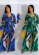 Women Casual Printed Lace-Up Long Sleeve Wide Leg Jumpsuit