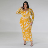 Plus Size Women Autumn Zebra Print Two-Wear Long Sleeve Dress