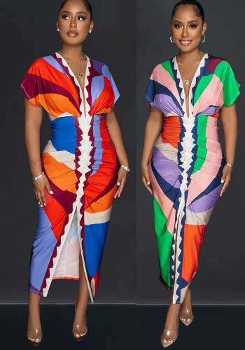 Women v-neck printed slit pleated dress