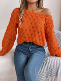 Women Autumn and Winter Casual Feather Hollow Off Shoulder Off-Shoulder Balloon Sleeve Sweater