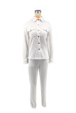 Women Autumn and Winter Solid Stretch Button-Down Shirt and Pants Two-piece Set