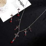 Halloween Dark Gothic Style Exaggerated Red Water Drop Bat Earrings Cross Pendant Necklace