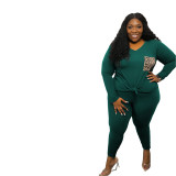 Plus Size Women Casual Leopard Print Pocket Top and Pant Two-piece Set