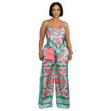 Women summer printed sexy suspenders Top and straight pants two-piece set