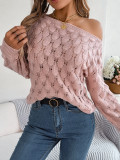 Women Autumn and Winter Casual Feather Hollow Off Shoulder Off-Shoulder Balloon Sleeve Sweater