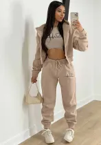 Women Letter Printed Plush Hoodies and Pant Casual Three-Piece