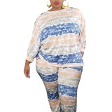 Plus Size Women Striped Print Long Sleeve Top and Pant Two-piece Set
