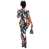 Women printed short-sleeved Casual Top and high-waisted trousers two-piece set